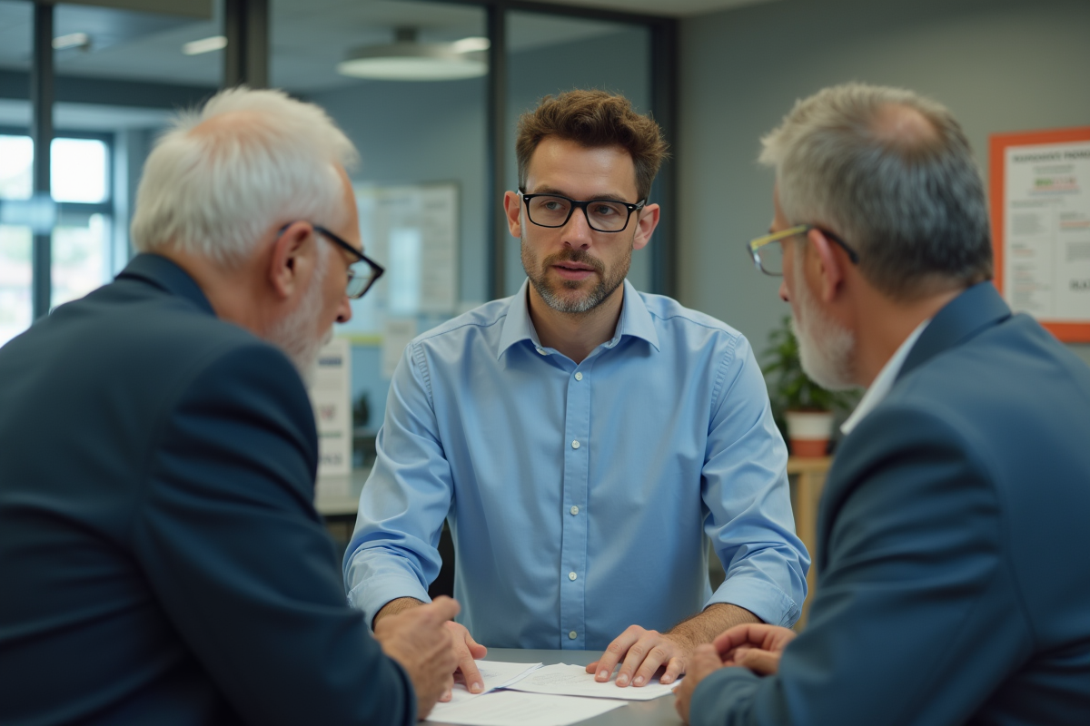 Jeune agent aide un couple âgé dans un bureau administratif