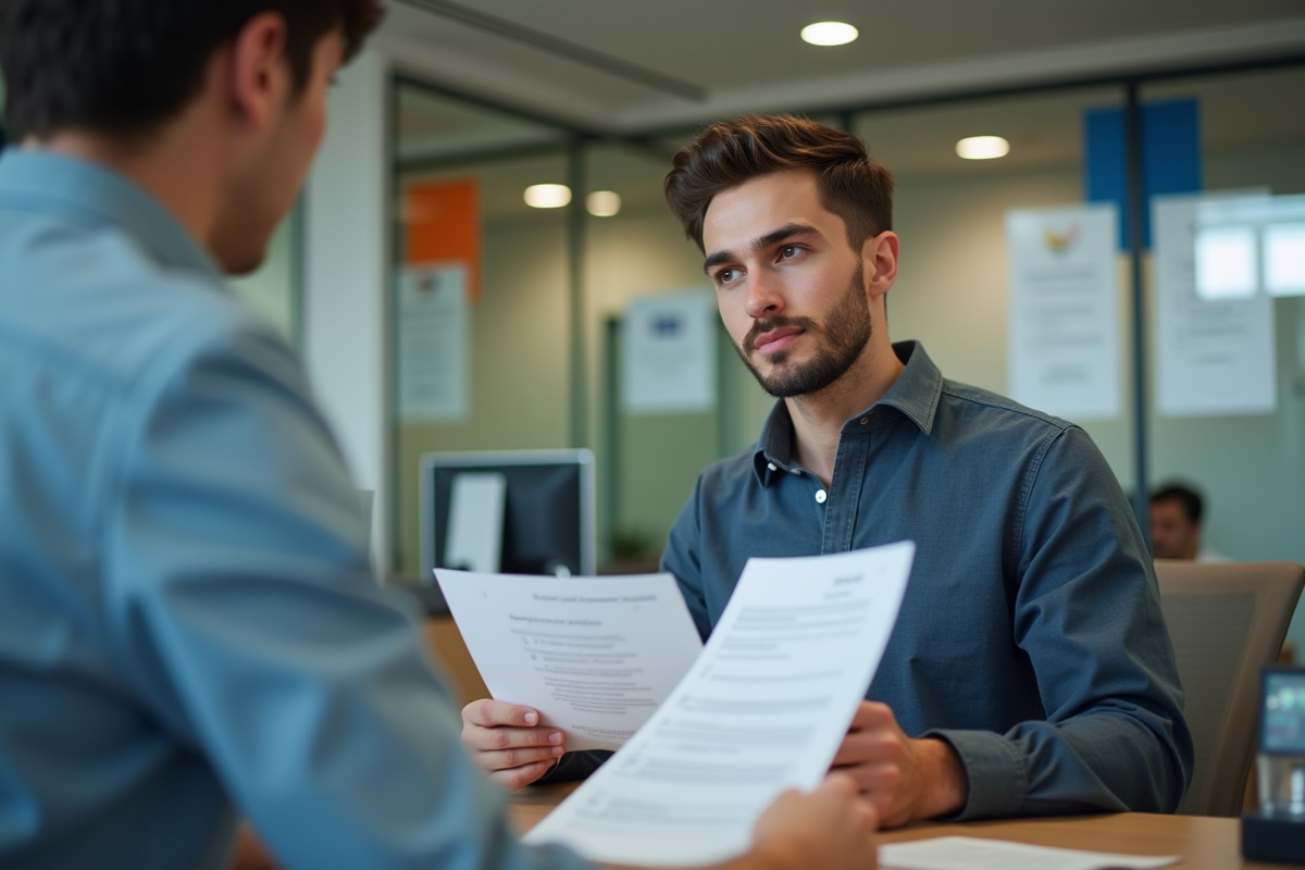 Jeune agent bancaire expliquant un document à un client