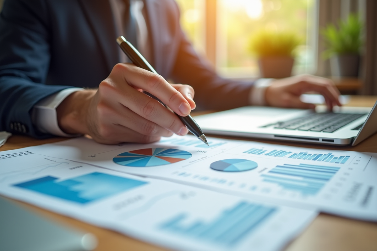 Main tenant un stylo sur un graphique immobilier au bureau