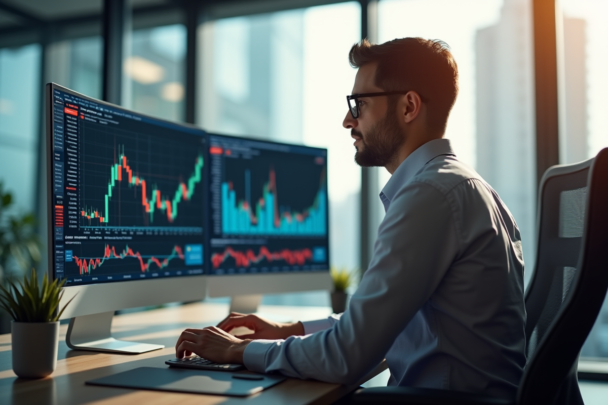 Analyste boursier examinant graphiques financiers lumineux