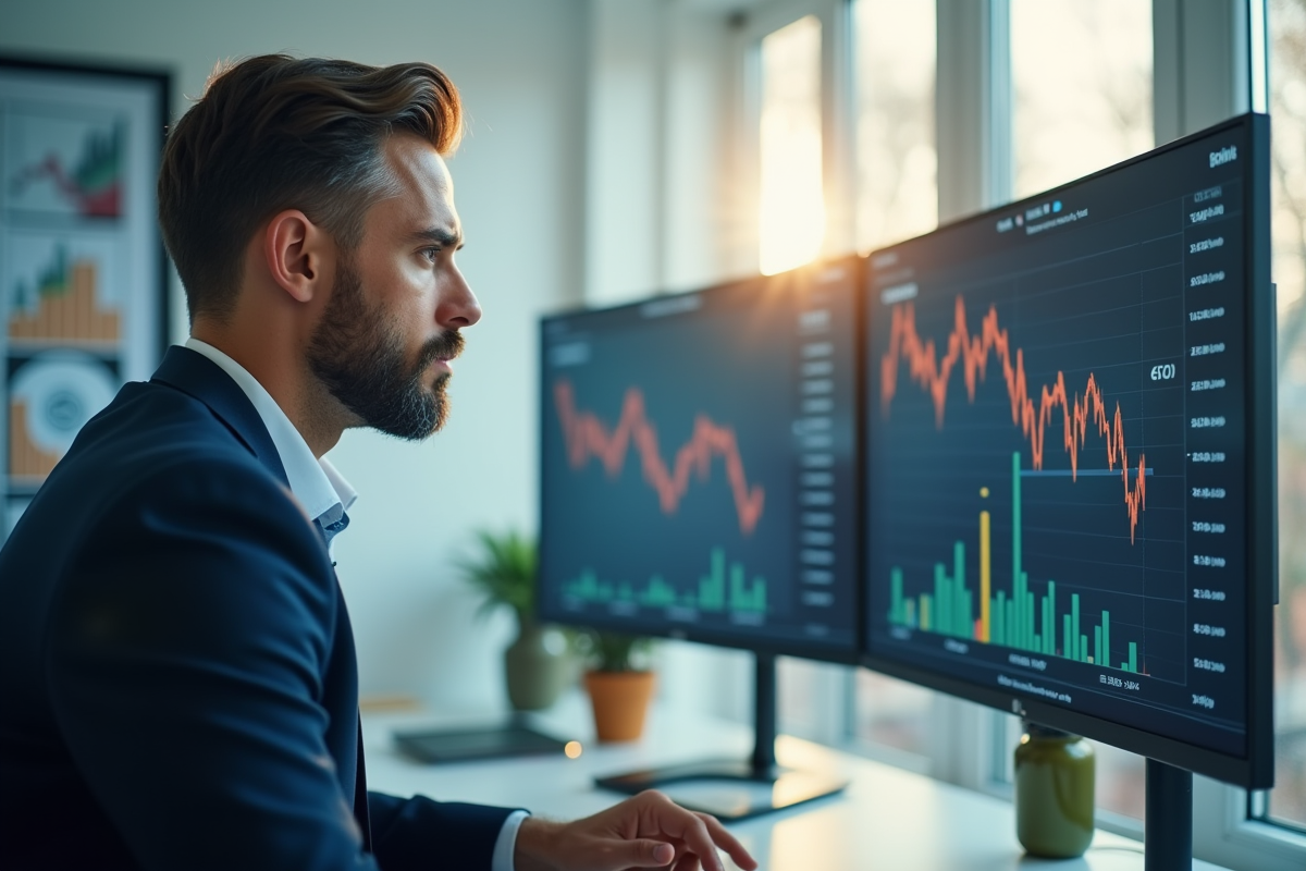Un professionnel en bureau moderne analyse un graphique boursier en baisse