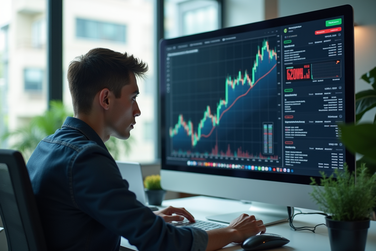 Jeune professionnel analysant données crypto sur grand écran