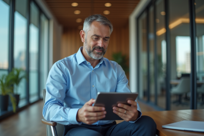 Analyste financier homme avec tablette dans un bureau professionnel