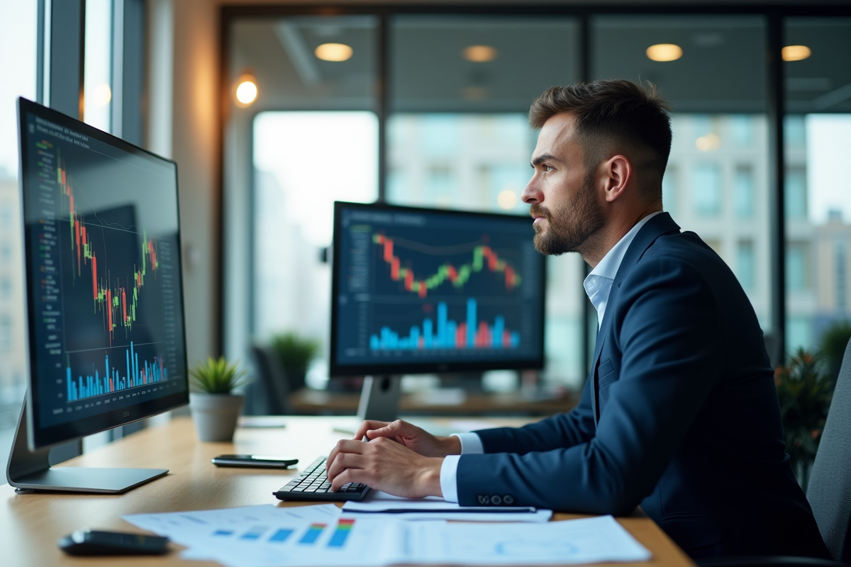 Professionnel financier analysant des graphiques dans un bureau lumineux