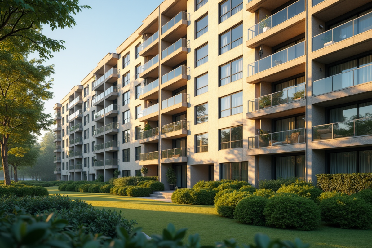Immeuble moderne avec verdure au lever du soleil