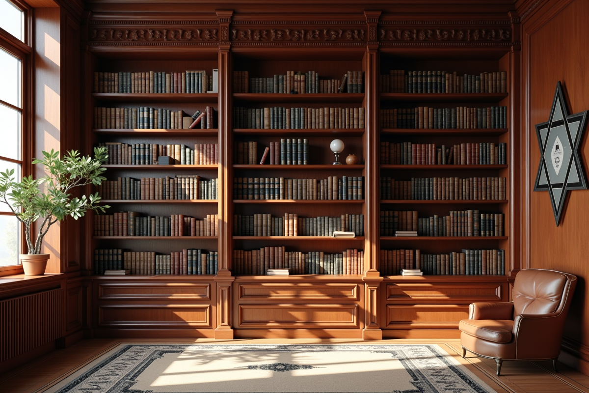 Bibliotheque élégante avec décor étoile de David dans une pièce lumineuse