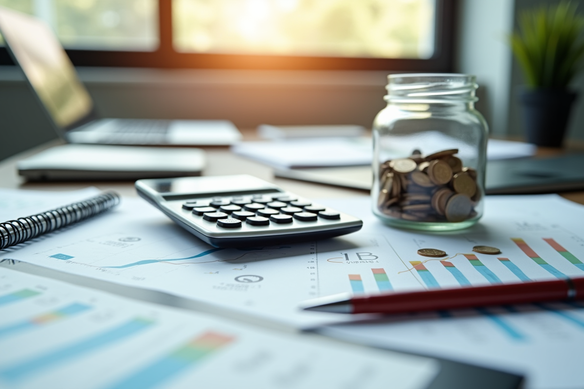 Bureau avec graphiques financiers et pièces dispersées