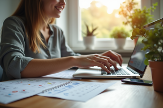 Bureau organisé avec personne souriante utilisant un ordinateur portable