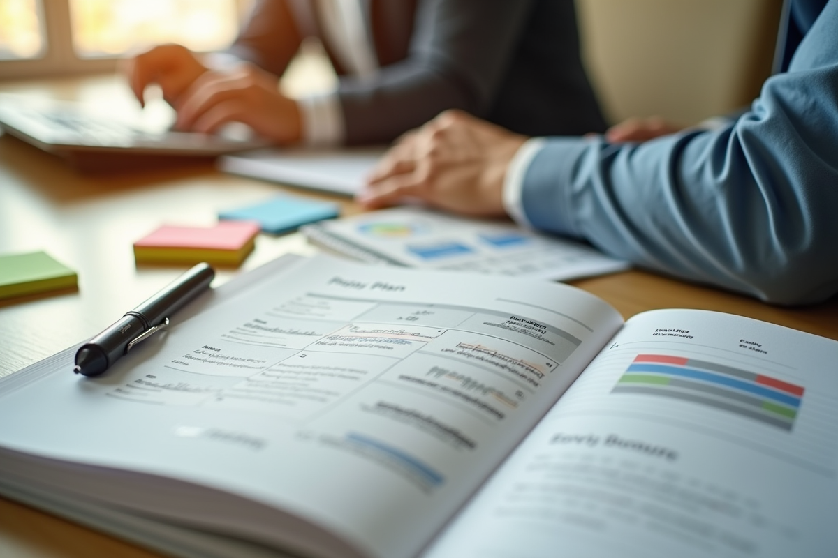 Bureau organisé avec carnet et graphique pour gestion de projet