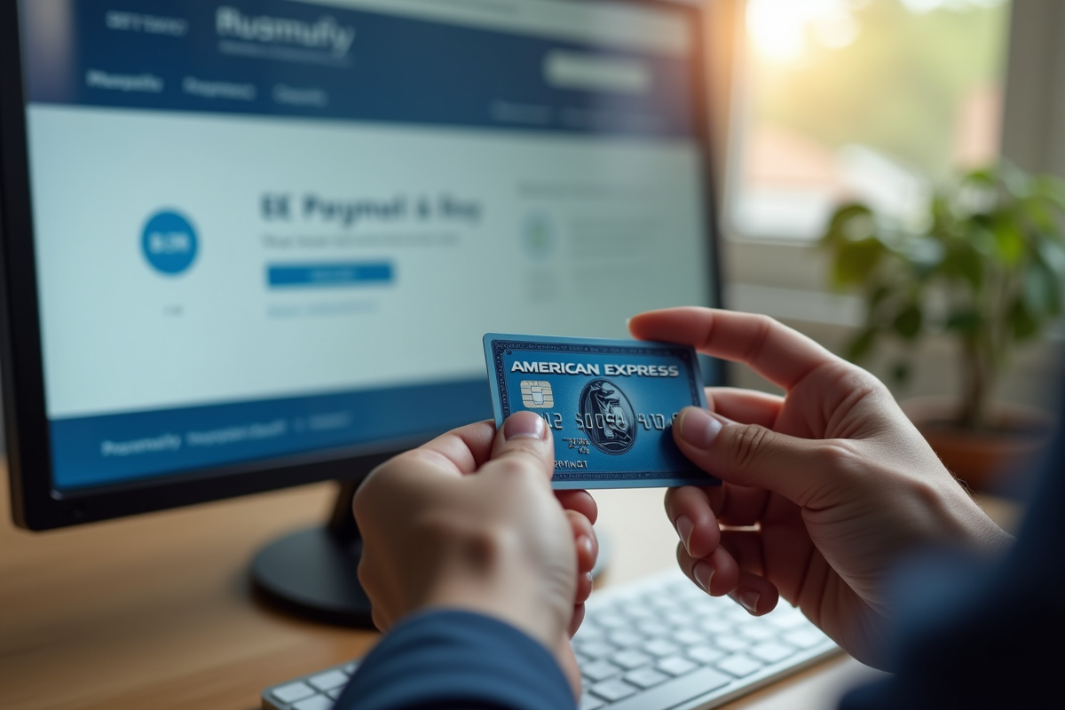 Mains tenant une carte American Express devant un écran d'ordinateur pour payer une facture EE