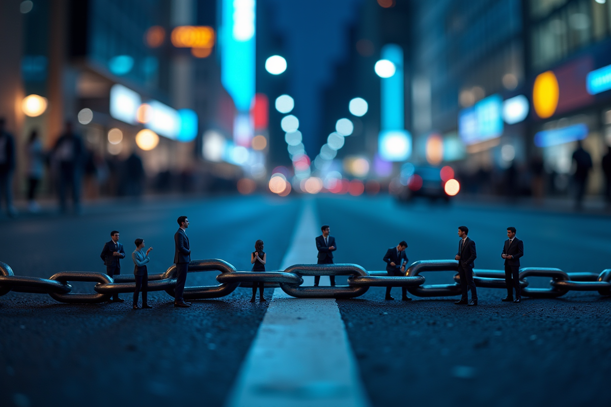Chaîne digitale sur une rue de ville avec des silhouettes inquiètes