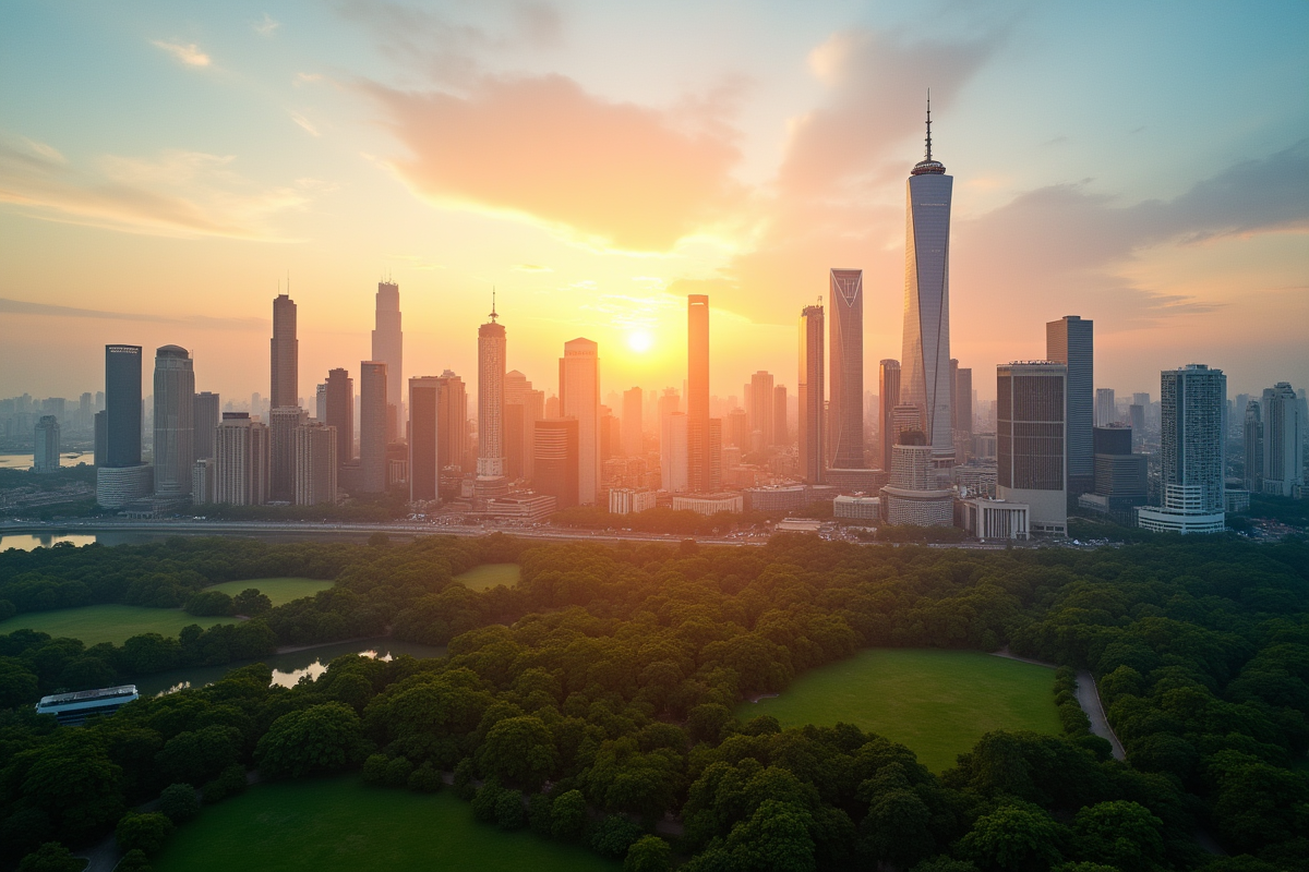 Ciel urbain au lever du soleil avec gratte-ciel modernes