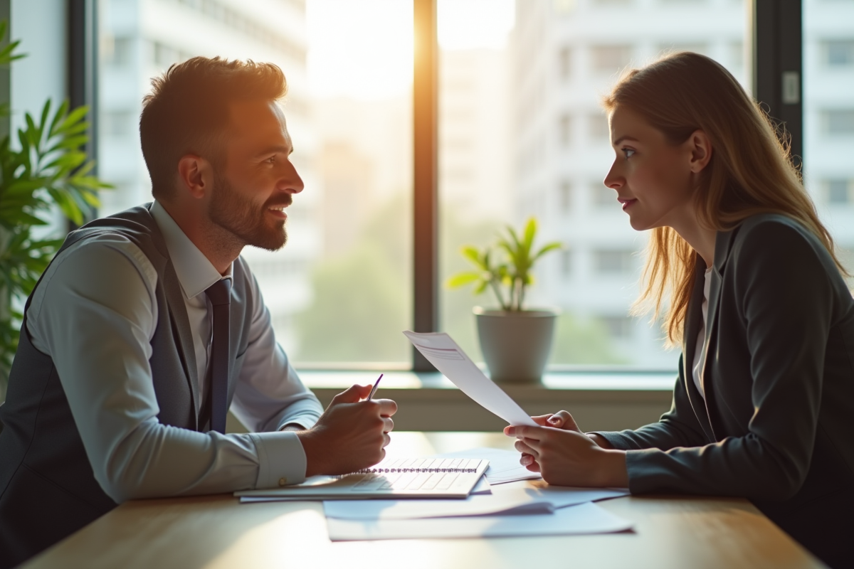 Conseiller financier et jeune adulte discutant de documents financiers