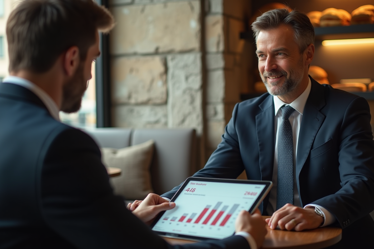 Conseiller financier montrant un graphique à un client dans un café