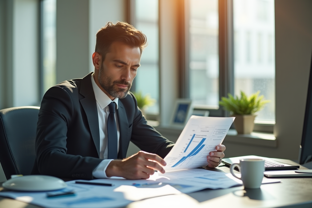 Conseiller financier confiant analysant des graphiques en bureau