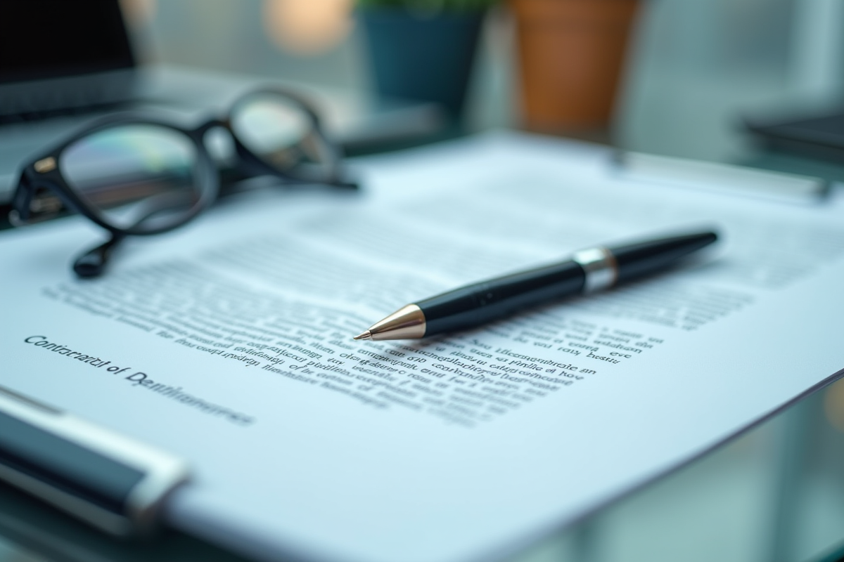 Contrat avec sections surlignées et lunettes sur un bureau moderne