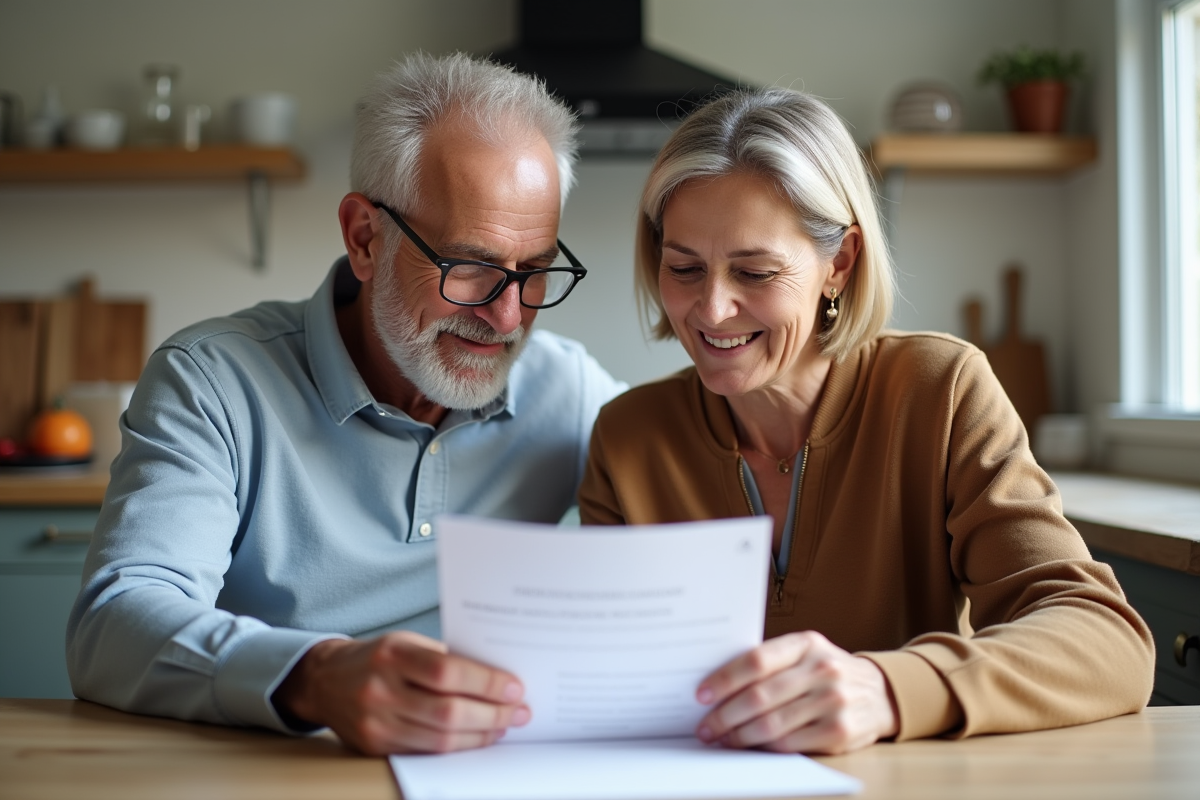 Couple mature examinant documents d'assurance vie