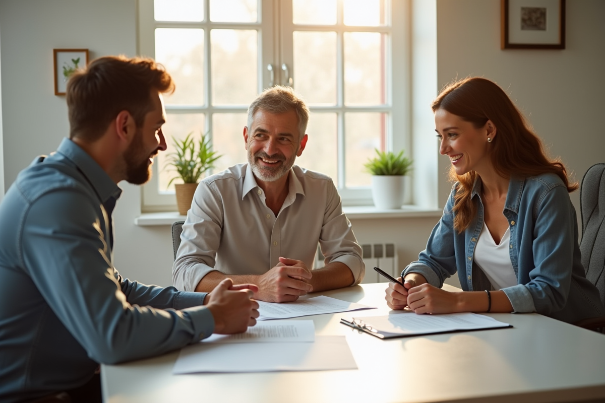 Couple heureux examinant des documents immobiliers dans un bureau lumineux