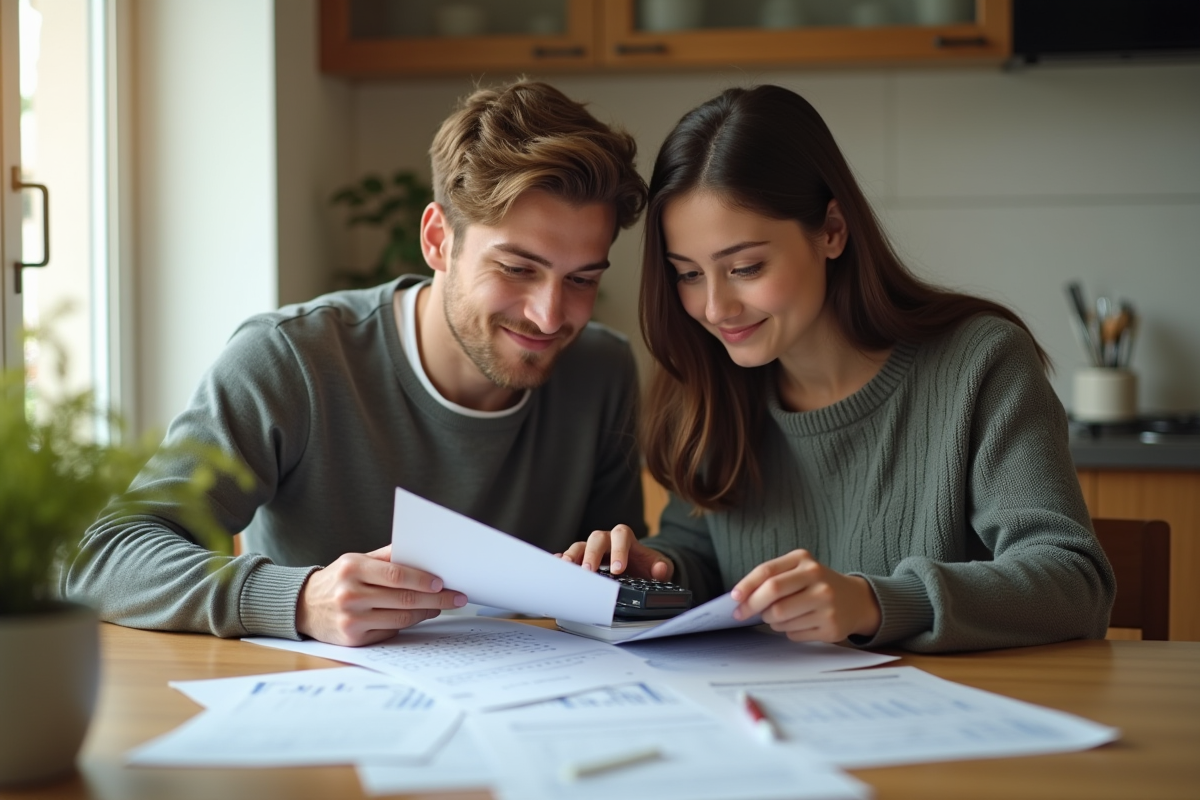 Jeune couple discutant de finances à la maison