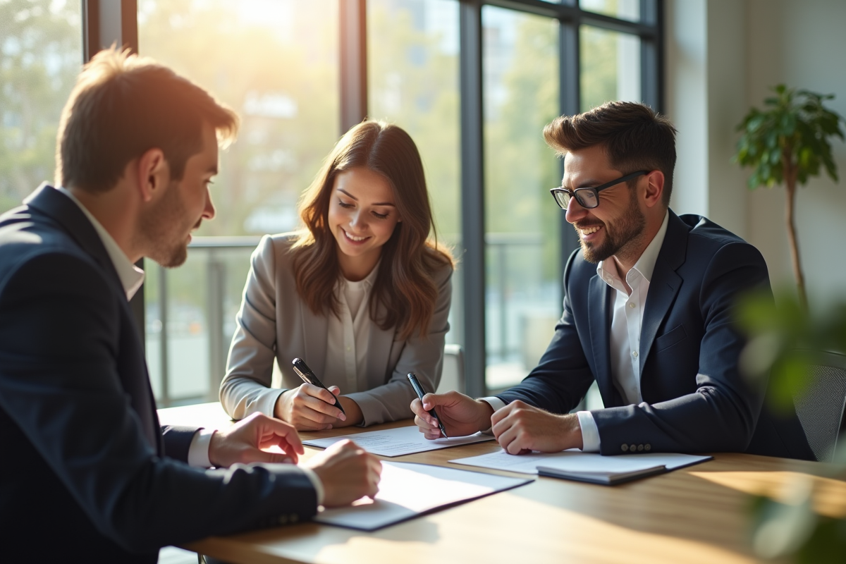 Couple professionnel avec conseiller bancaire en bureau lumineux
