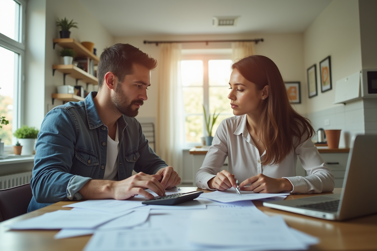 Un couple concentré sur des documents dans une cuisine lumineuse