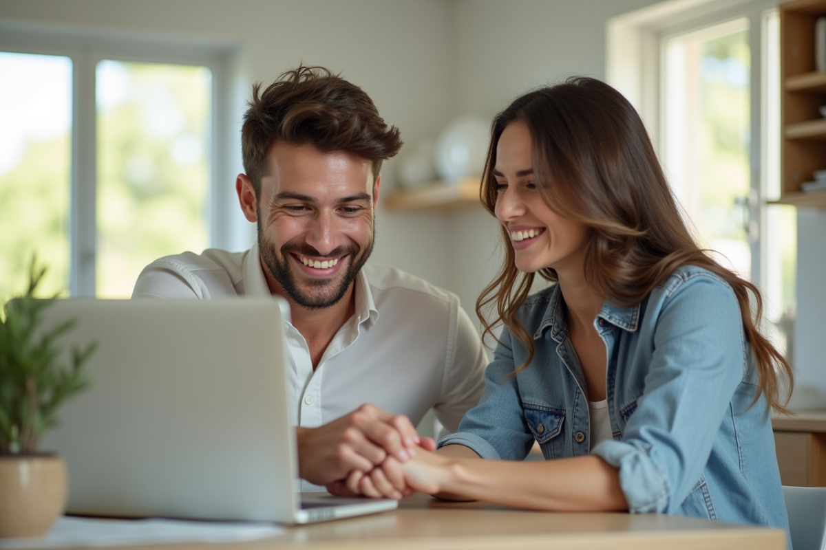 Jeune couple souriant devant un ordinateur pour gérer leurs finances