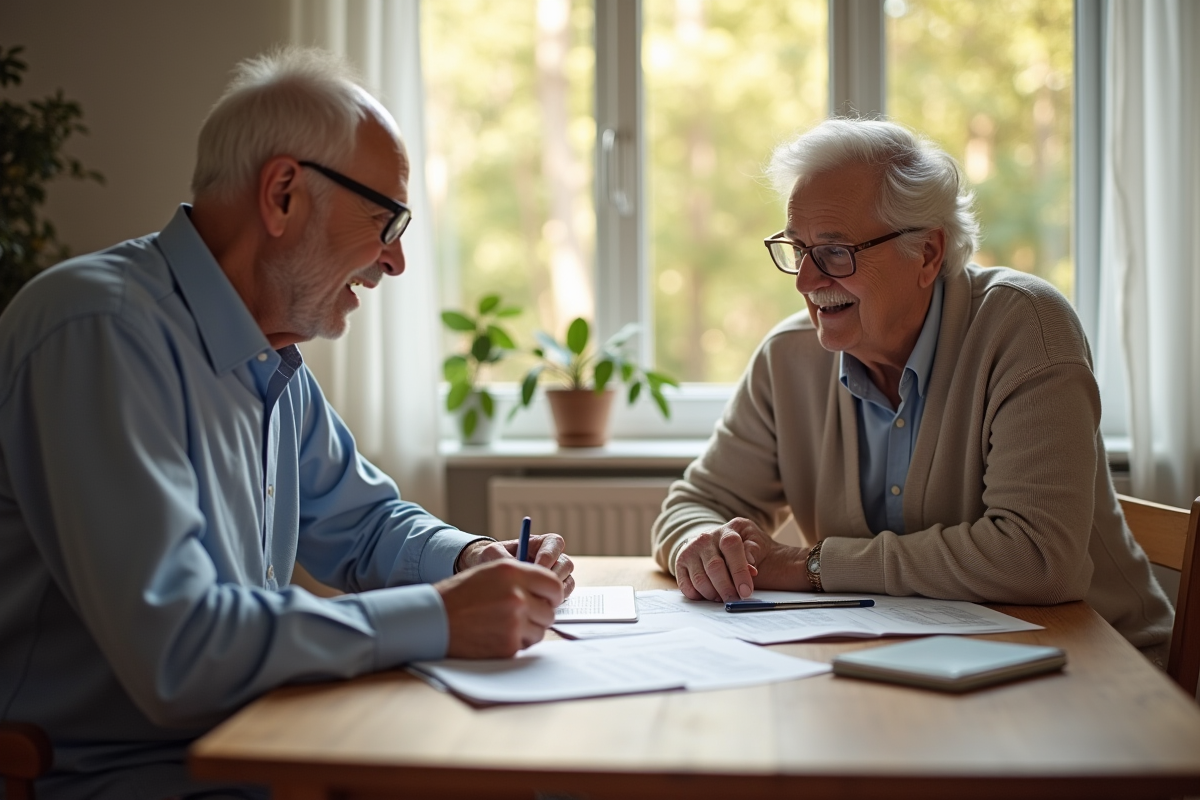 Couple âgé revoyant des documents financiers dans un salon lumineux