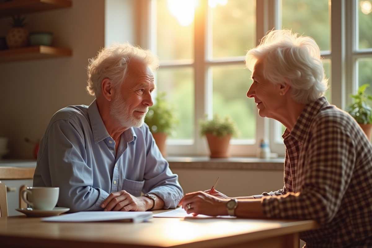 Couple mature discutant de retraite à la cuisine en matinée