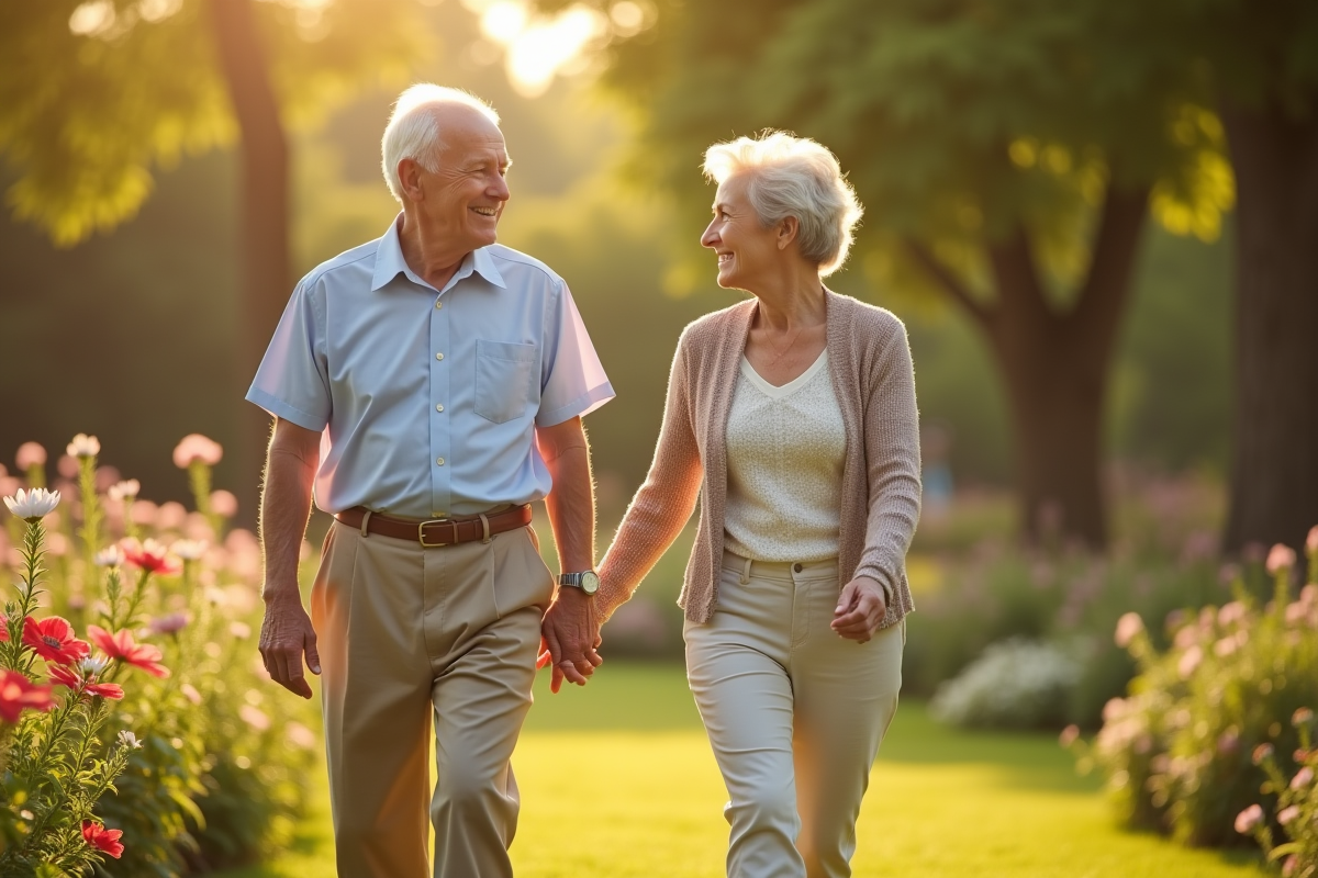Couple retraité se promenant dans un parc fleuri