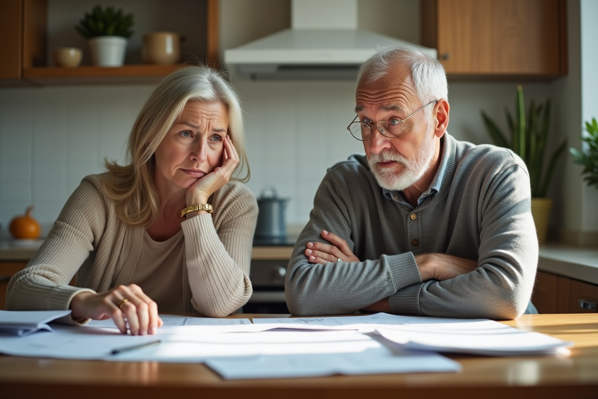 Couple d'adultes pensifs à la maison avec des papiers
