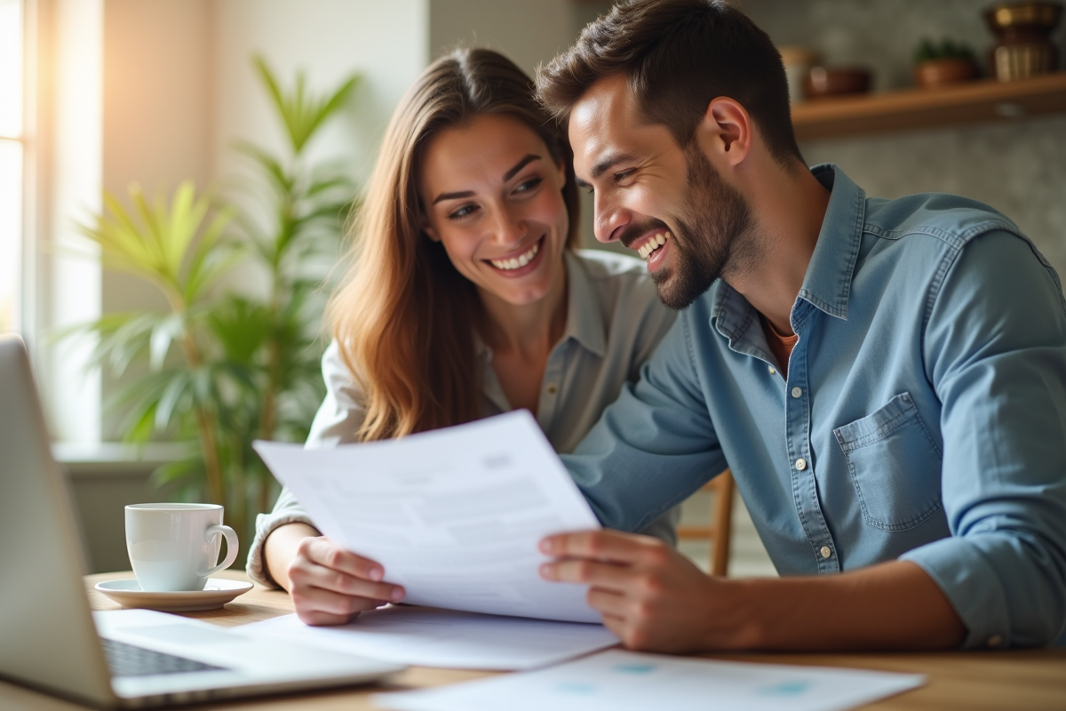 Jeune couple souriant avec documents de prêt immobilier