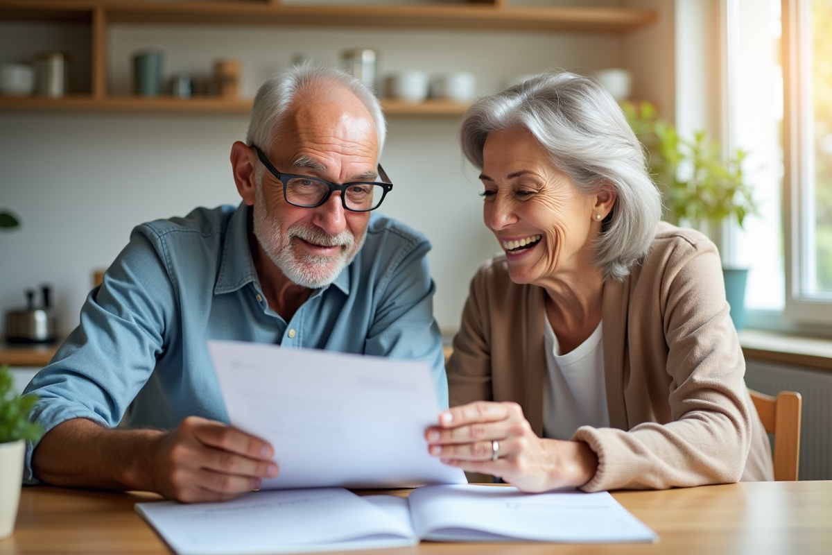 Couple senior souriant en examinant des documents financiers à la maison