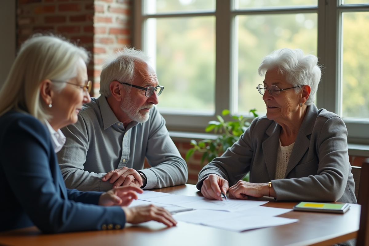 Couple senior rencontrant un conseiller dans un bureau lumineux