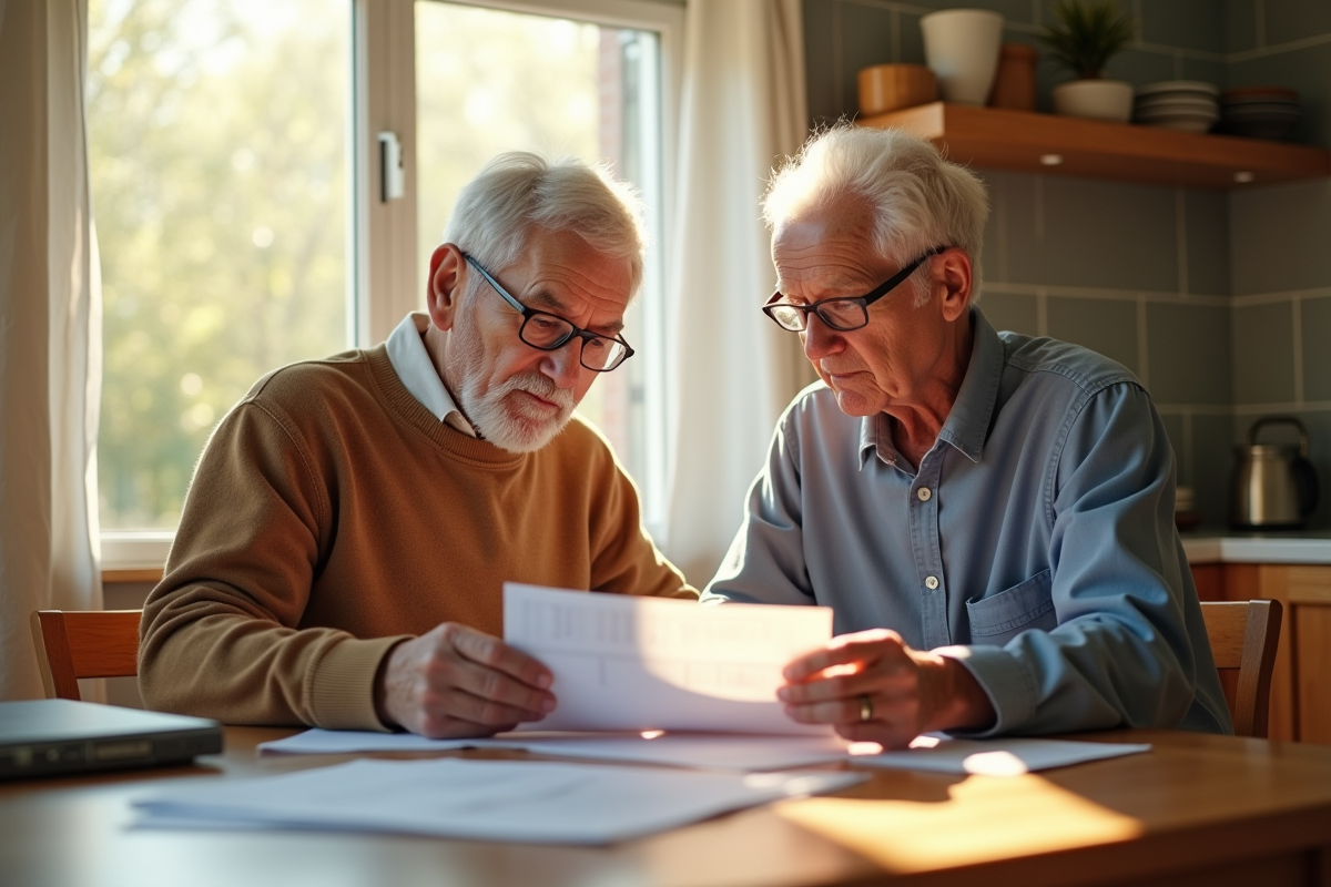 Couple senior lisant des documents financiers à la maison