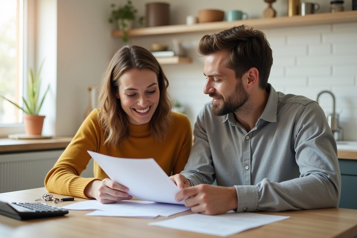 Couple souriant assis à la table de cuisine avec papiers et clés