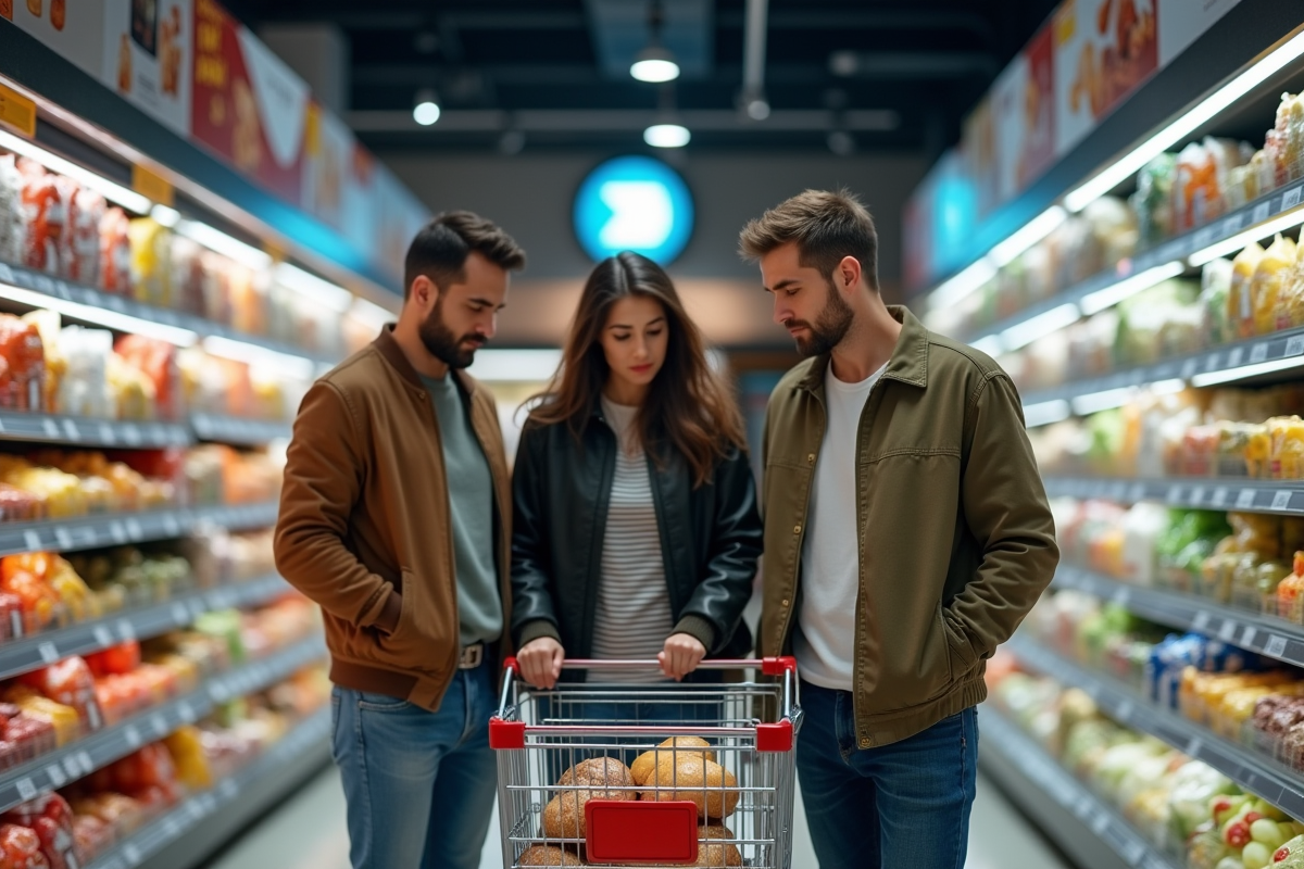 Clients au supermarche regardant les prix avec caddies