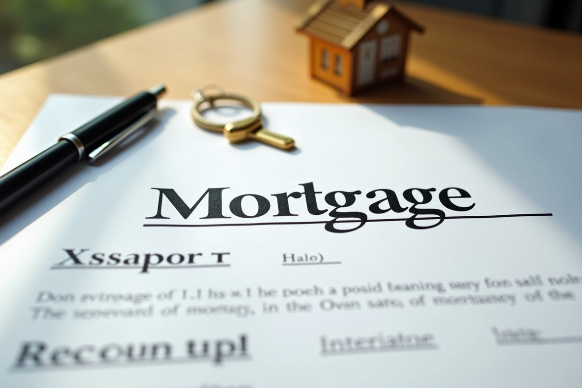 Gros plan sur documents de mortgage avec stylo et porte-clé maison
