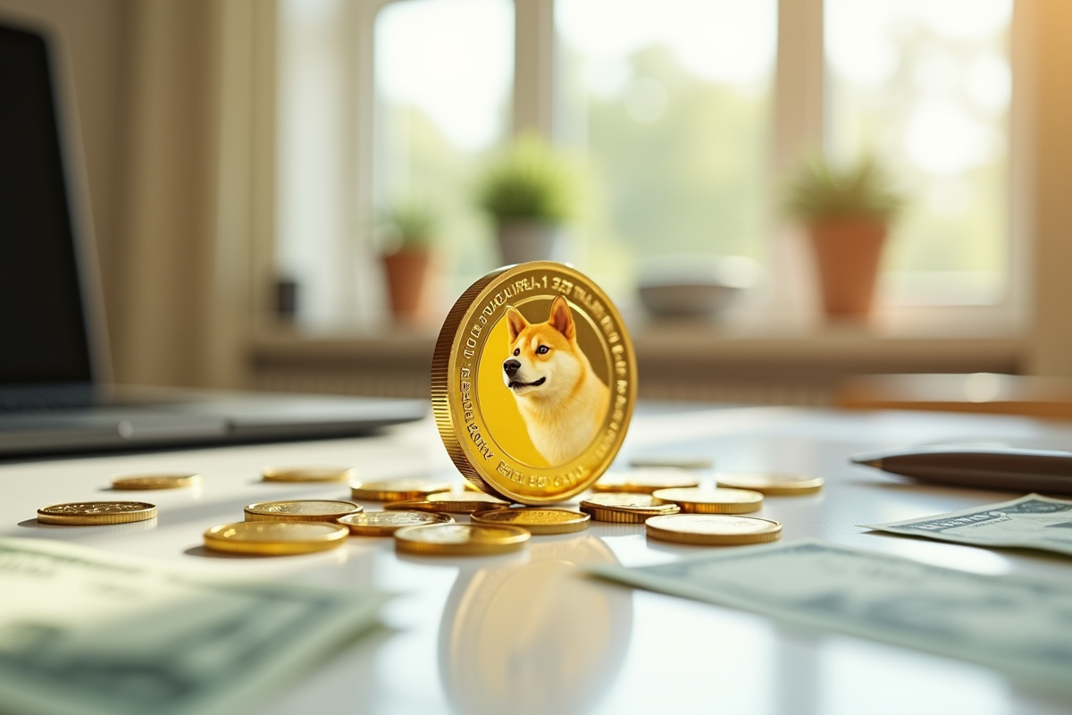 Dogecoin doré sur un bureau blanc avec des dollars