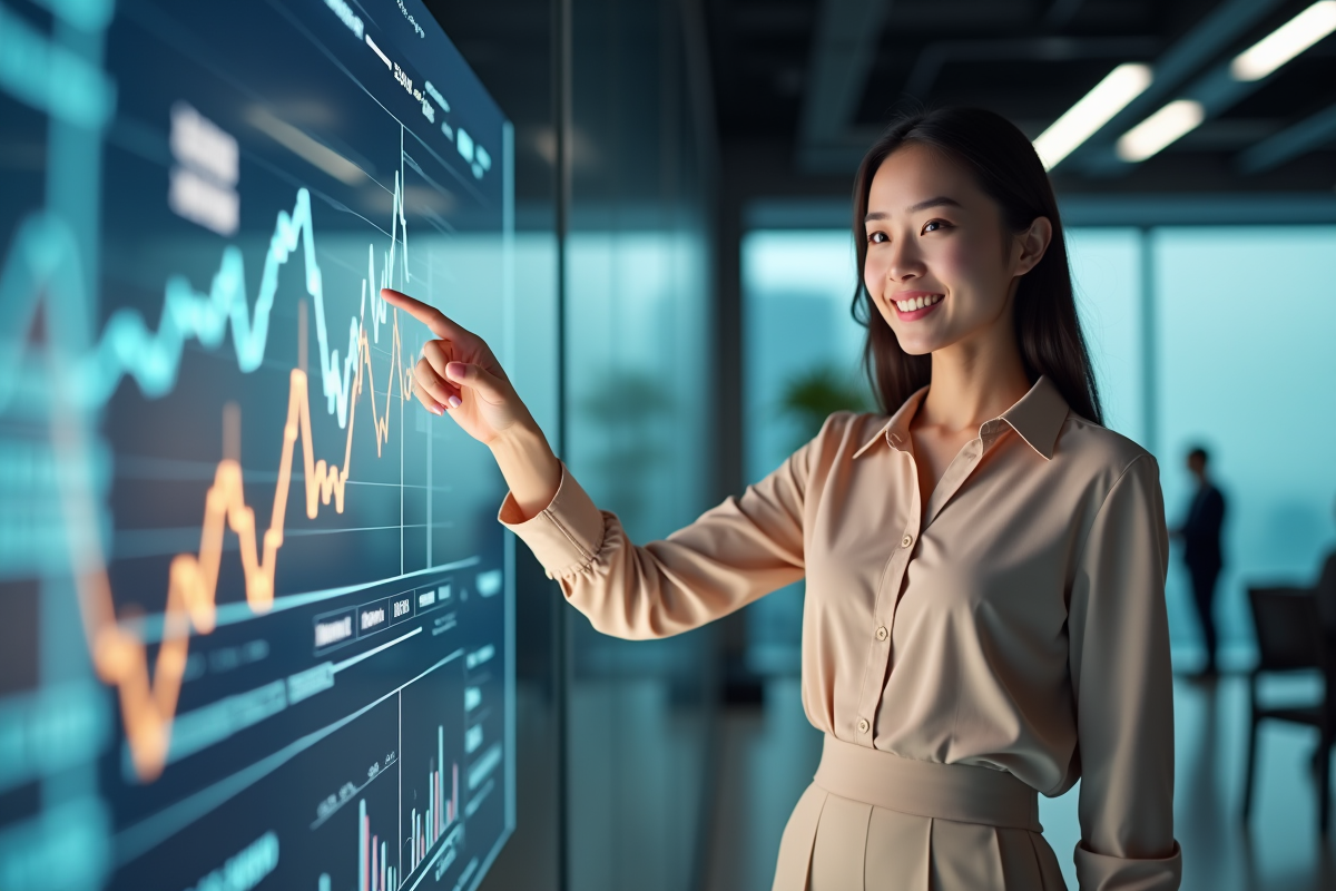 Jeune femme économiste pointant un graphique sur un écran interactif