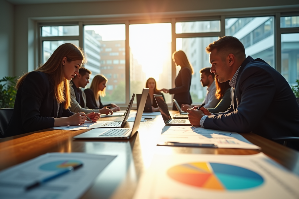 Groupe de professionnels en réunion autour d'une table de travail