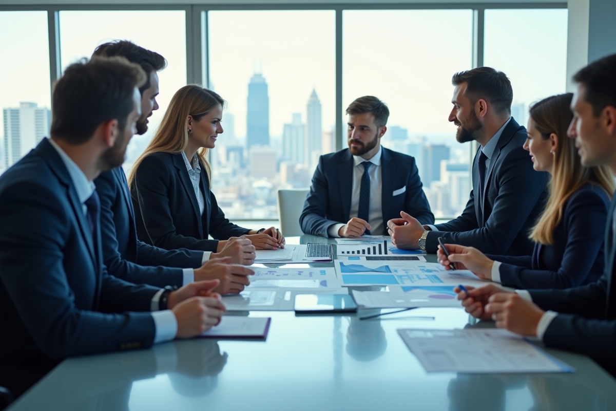 Groupe de professionnels analysant des graphiques financiers dans un bureau lumineux