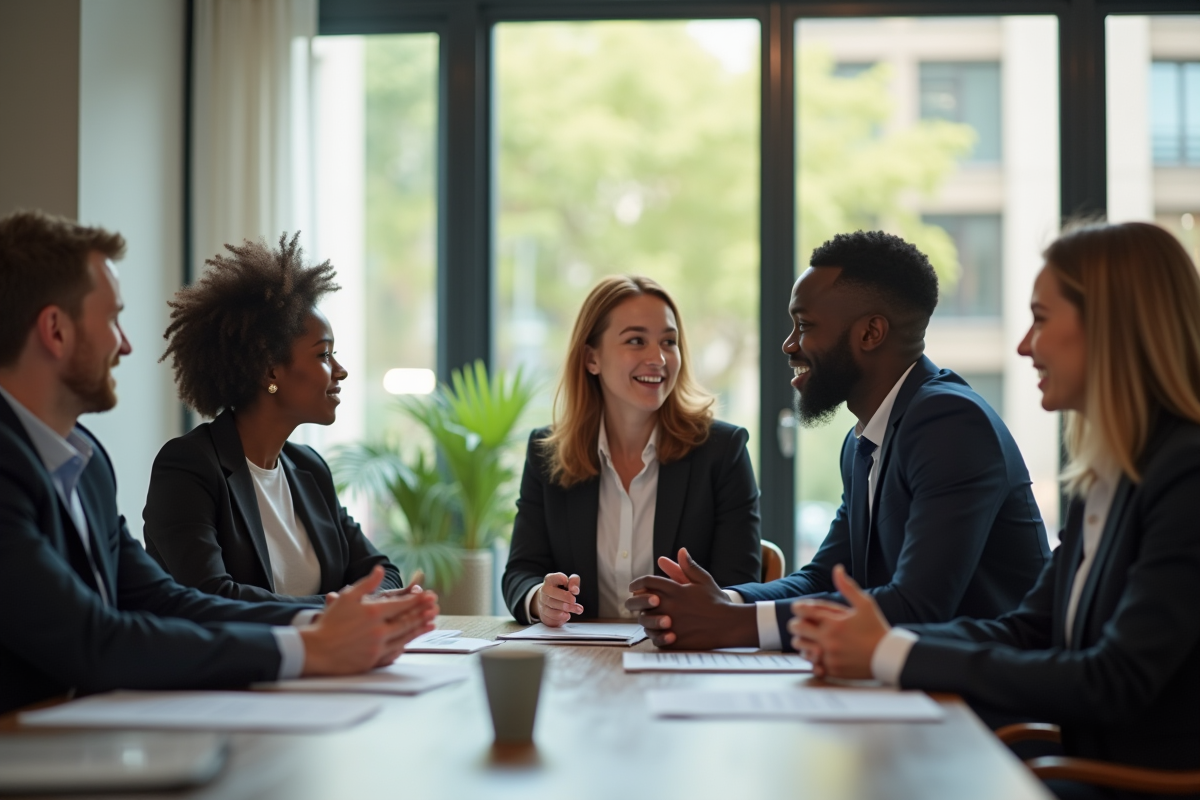 Groupe de professionnels discutant dans un espace de travail lumineux