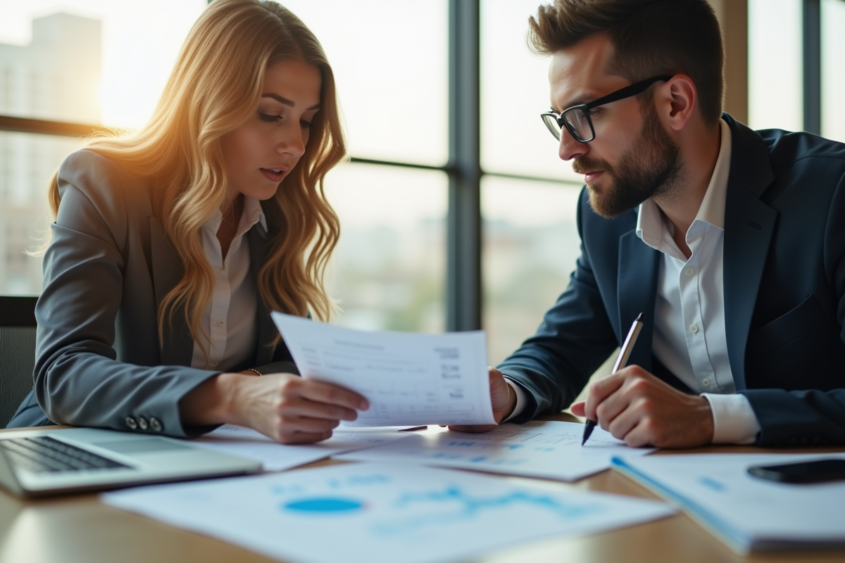 Une femme et un homme d'affaires discutent de documents dans un bureau lumineux
