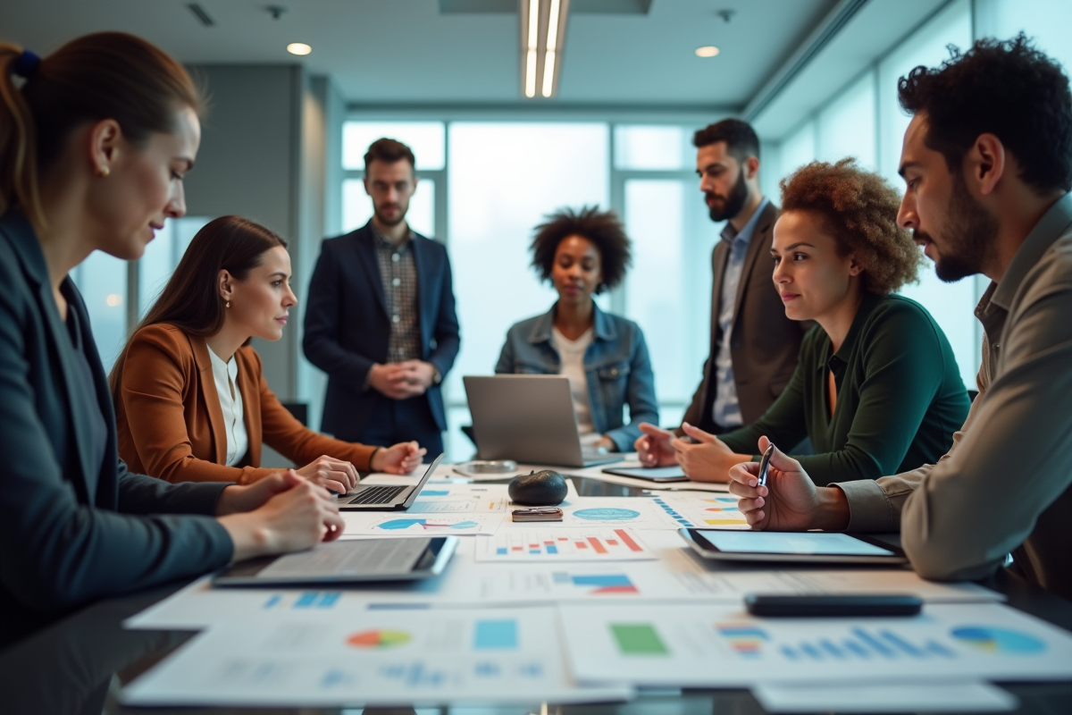 Equipe diverse analysant des graphiques et formulaires d assurance