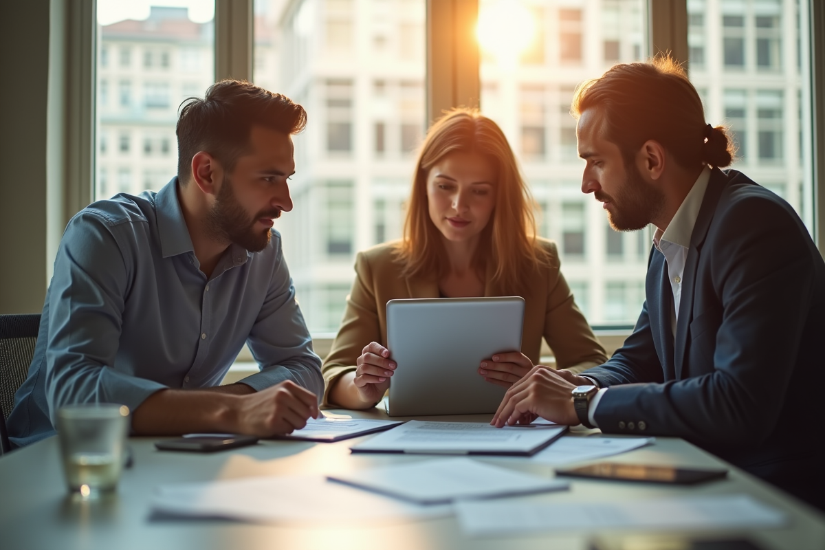 Groupe de professionnels discutant de la retraite en bureau lumineux