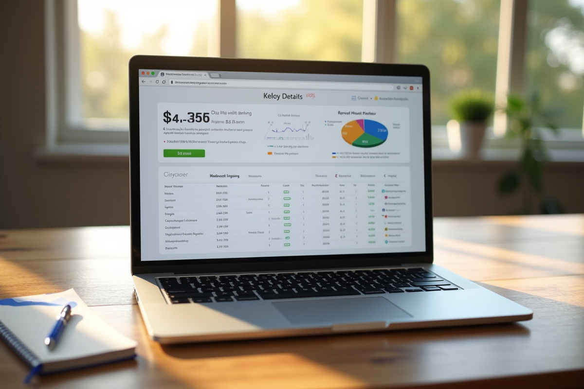 Espace de travail avec ordinateur et dashboard bancaire