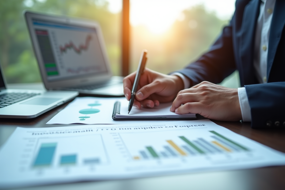 Espace de travail professionnel avec rapport SCPI et graphique