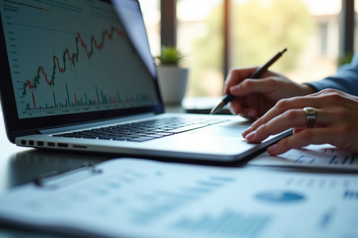 Espace de travail professionnel avec documents financiers et ordinateur