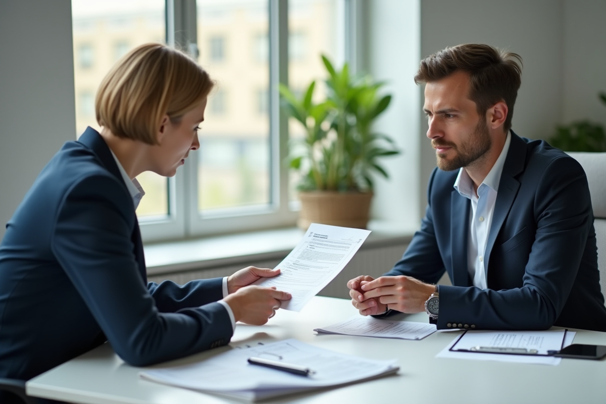 Un expert en assurance remet un document à un client dans un bureau lumineux