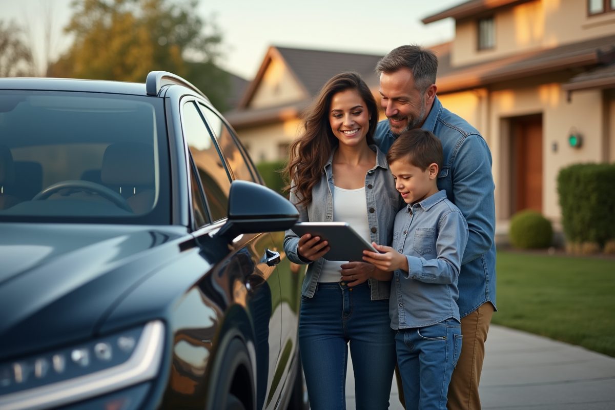 Famille souriante discutant devant une voiture neuve avec un tableau financier